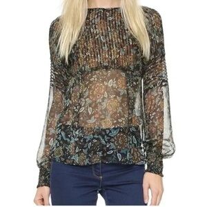 Veronica Beard Ashlynn Silk Floral Top Sheer Pleated Smocked Peasant
